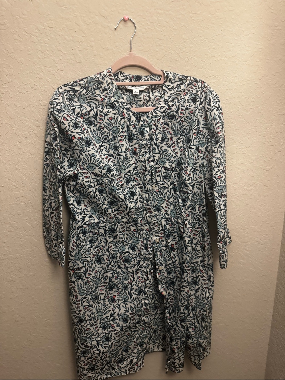Southern Tide Cream Long Sleeve Dress with Blue Green Leaf Print
